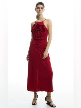 Sfera Red Ruffle Front Maxi Dress - Elegant Spaghetti Strap Gown